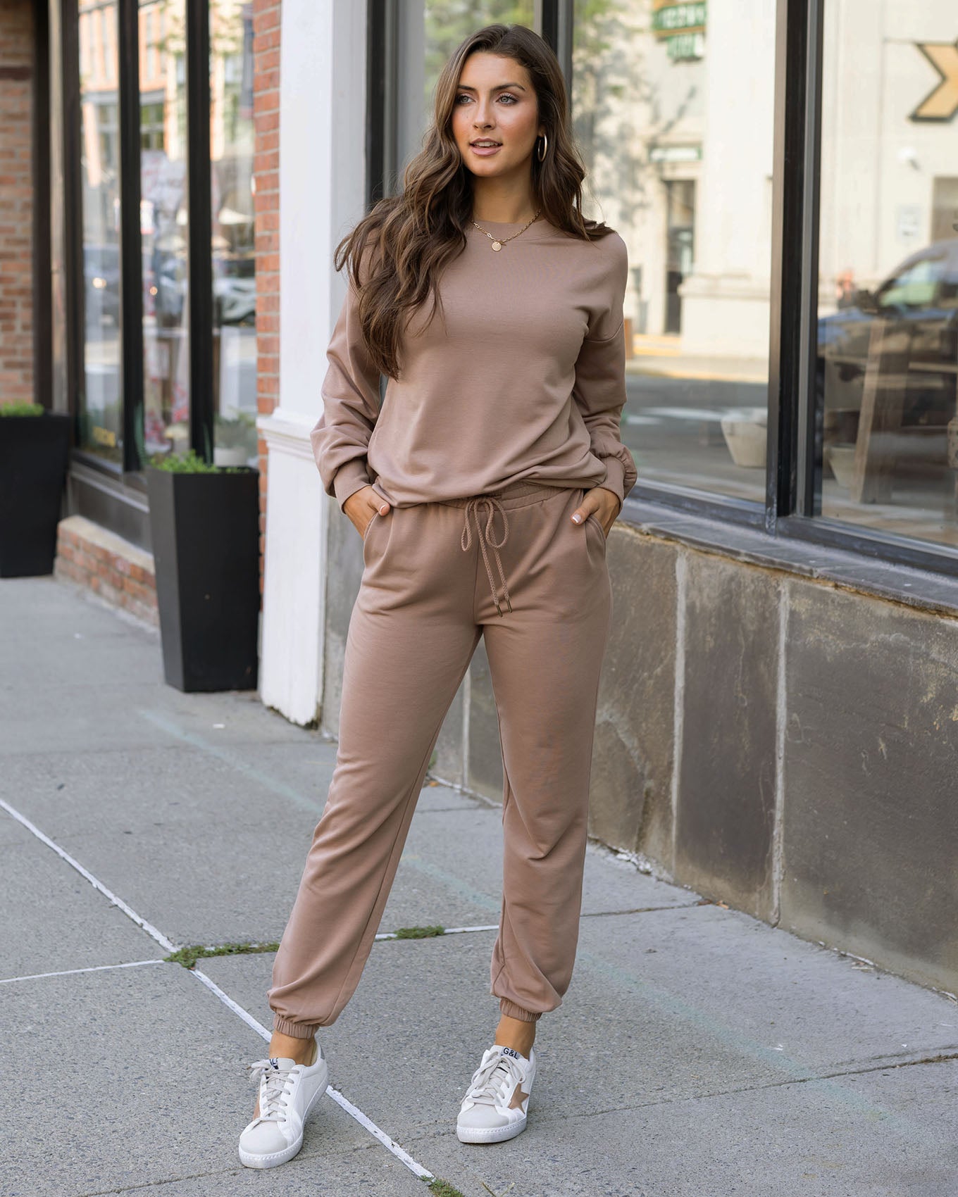 styled view of soft tan sweatpants