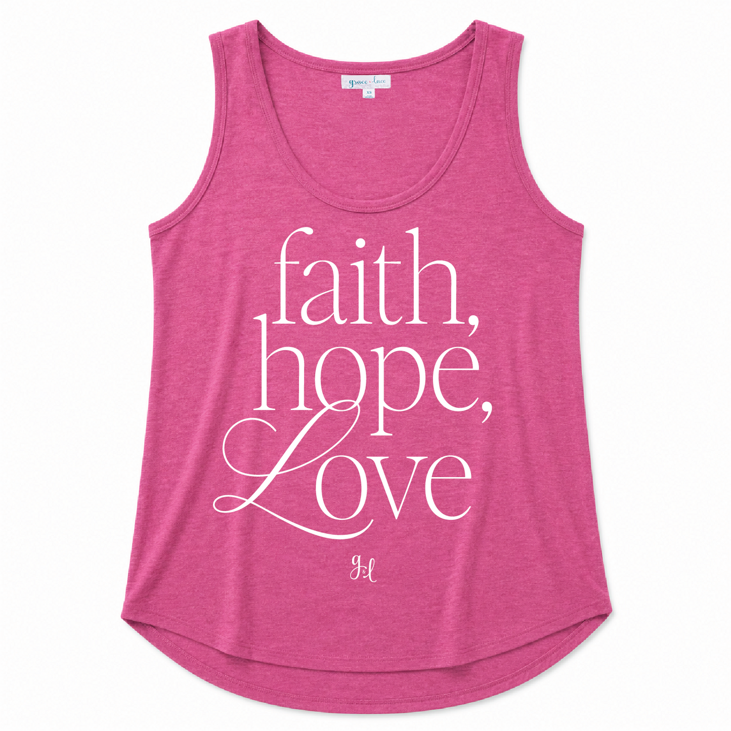 Heather pink scoop neck tank top featuring a "Faith, Hope, Love" graphic in white lettering on a white background