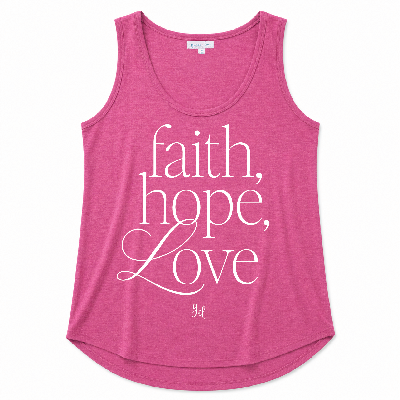 Heather pink scoop neck tank top featuring a "Faith, Hope, Love" graphic in white lettering on a white background