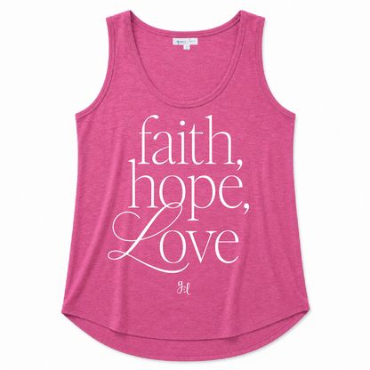 Heather pink scoop neck tank top featuring a "Faith, Hope, Love" graphic in white lettering on a white background