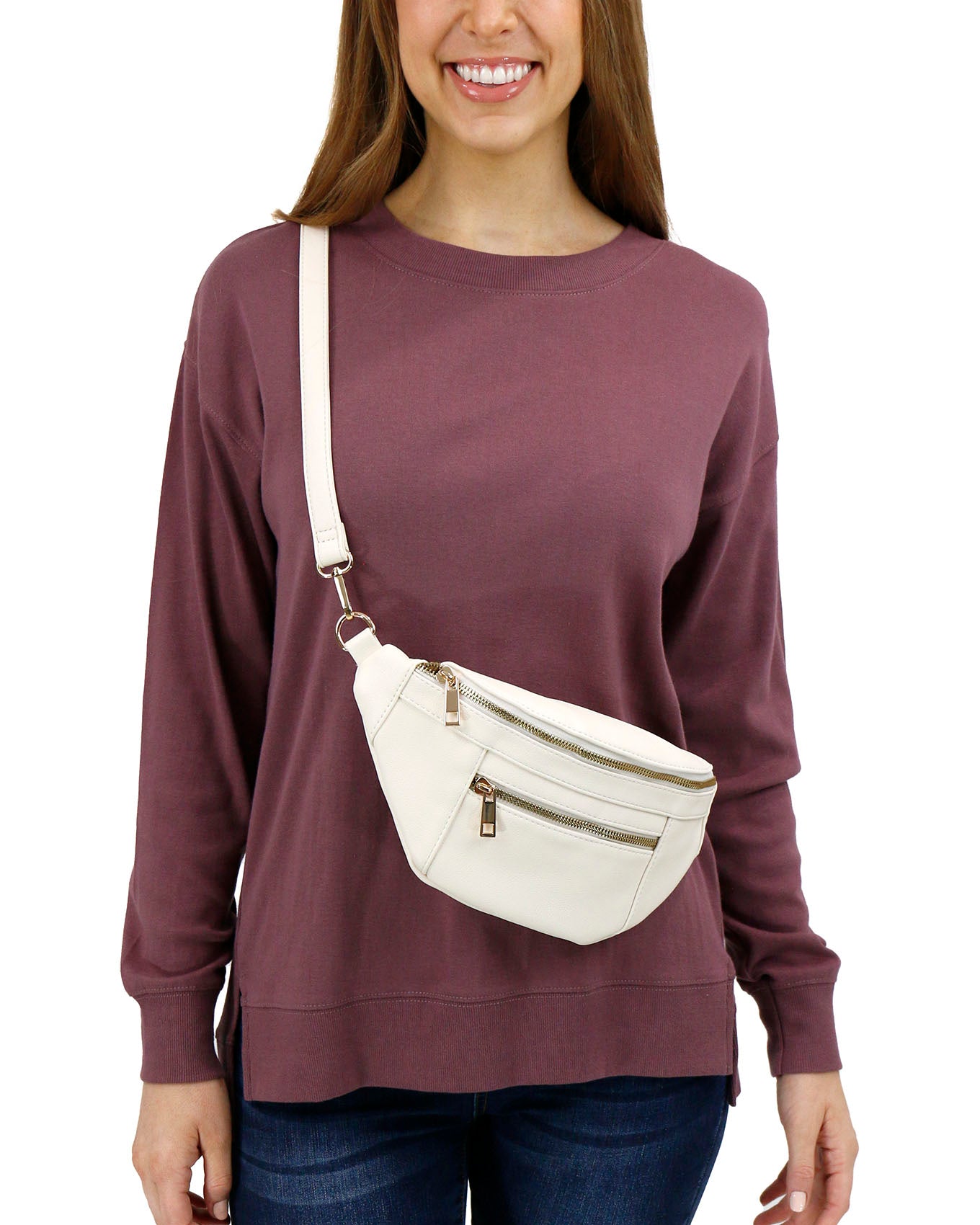 front view stock shot of ivory belt bag
