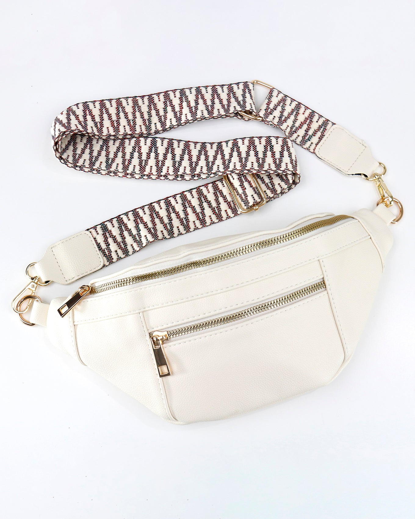 Alternate strap stock shot of Ivory Faux Leather Belt Bag with Guitar Strap