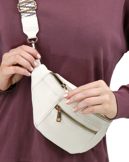close up stock shot view of ivory belt bag