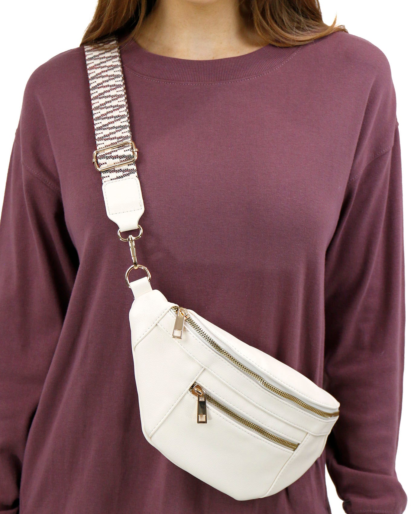 front view stock shot of Ivory Faux Leather Belt Bag with Guitar Strap