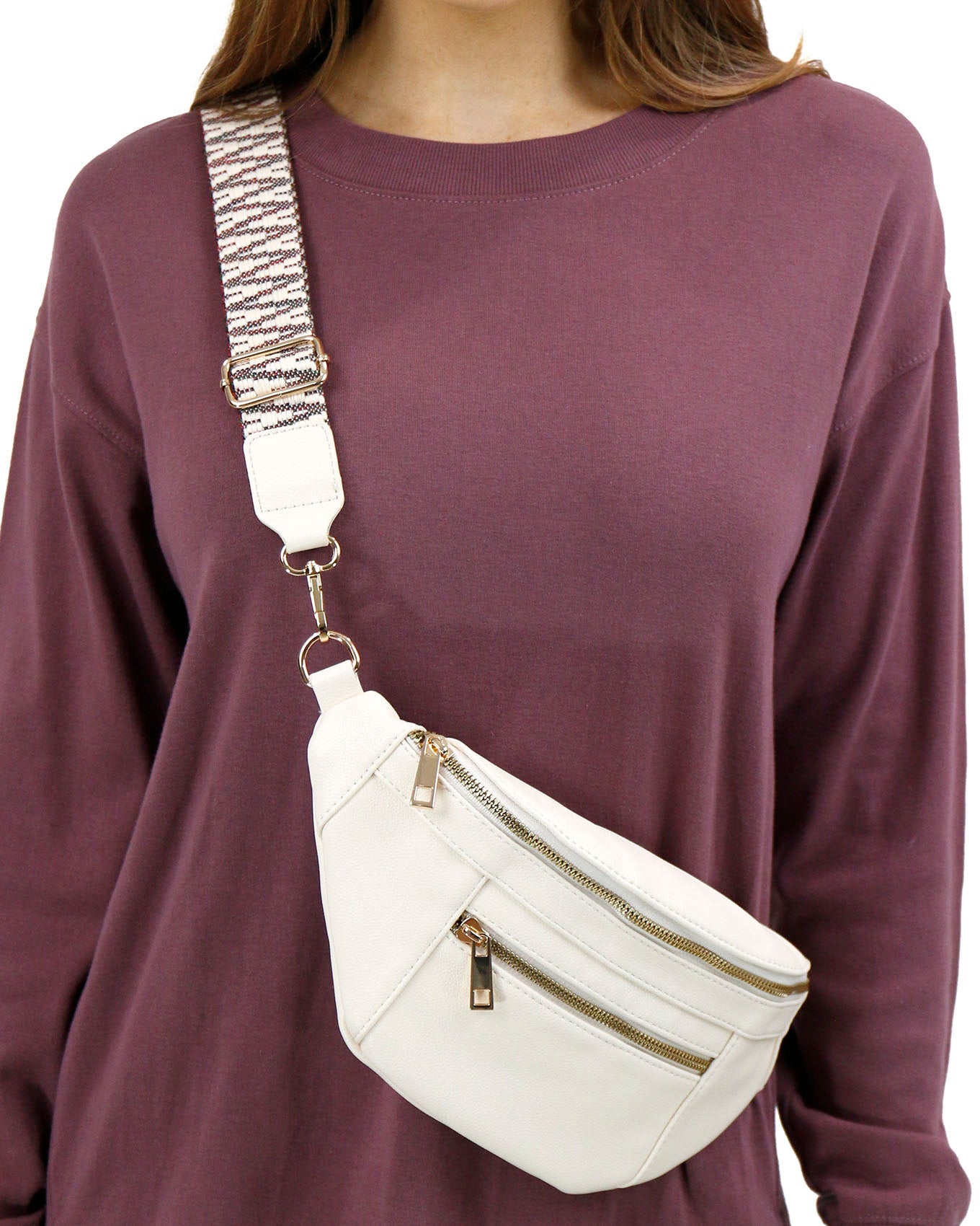 front view stock shot of ivory belt bag