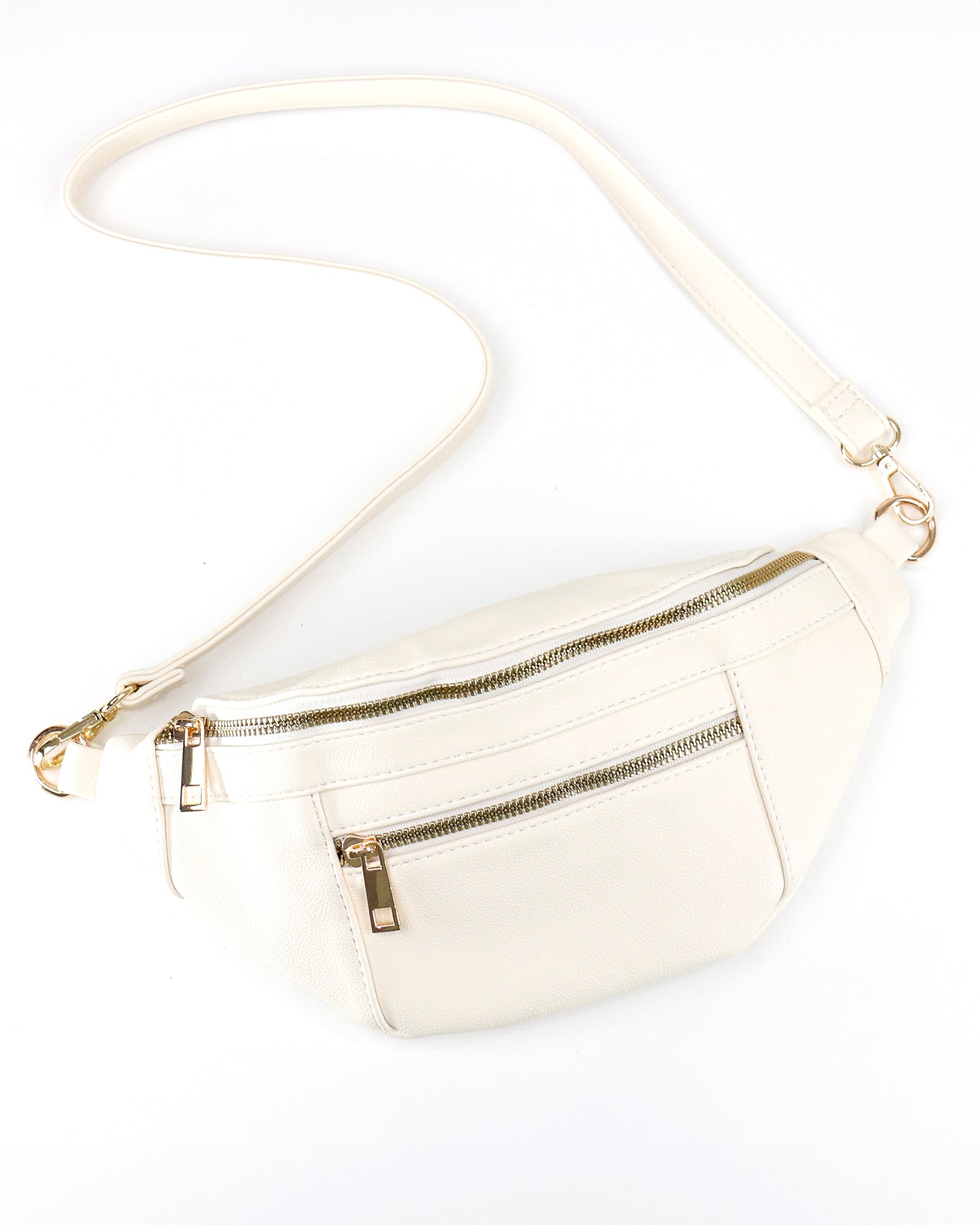 Front stock shot of Ivory Faux Leather Belt Bag with Guitar Strap