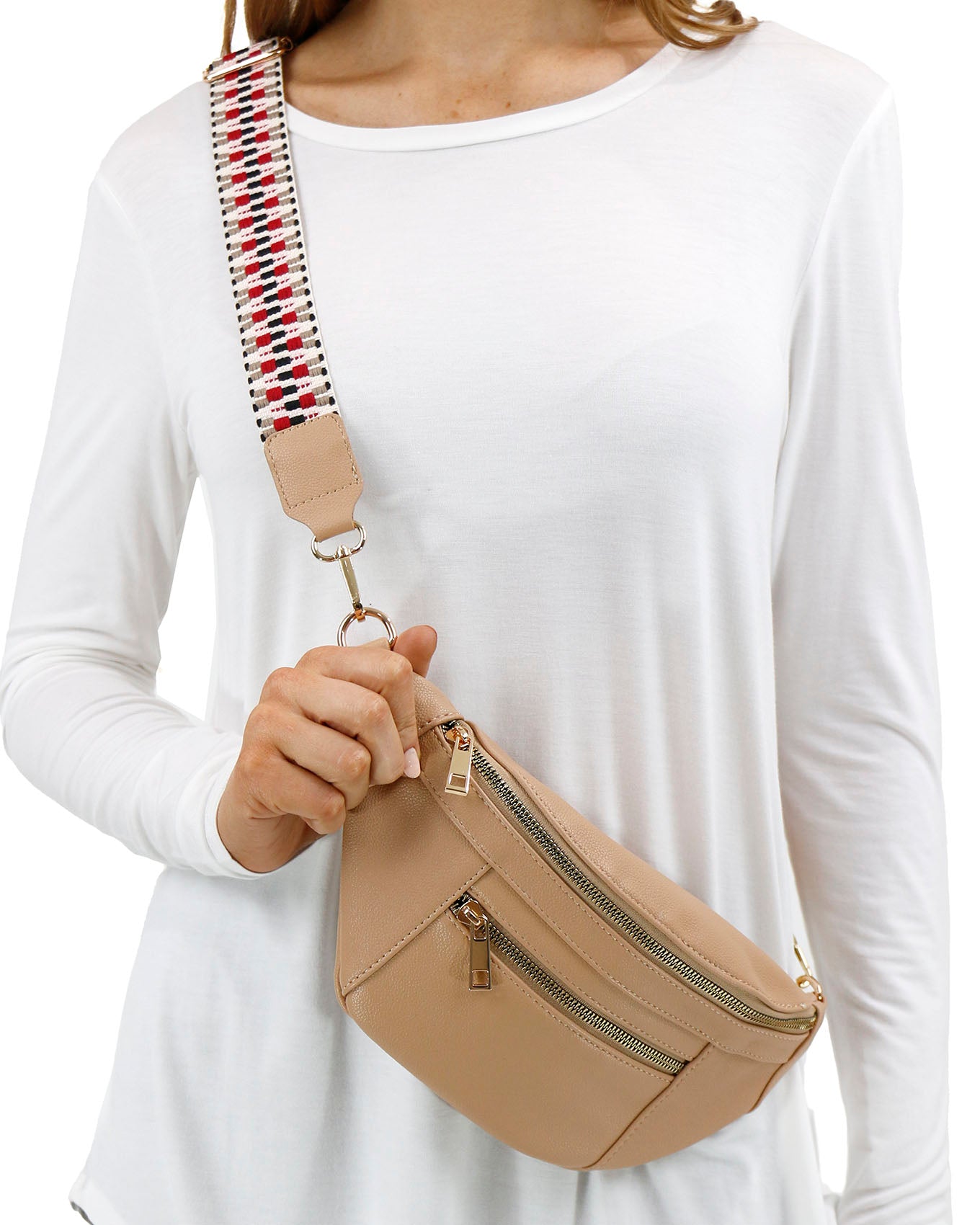 front strap view of Sand Faux Leather Belt Bag With Guitar Strap