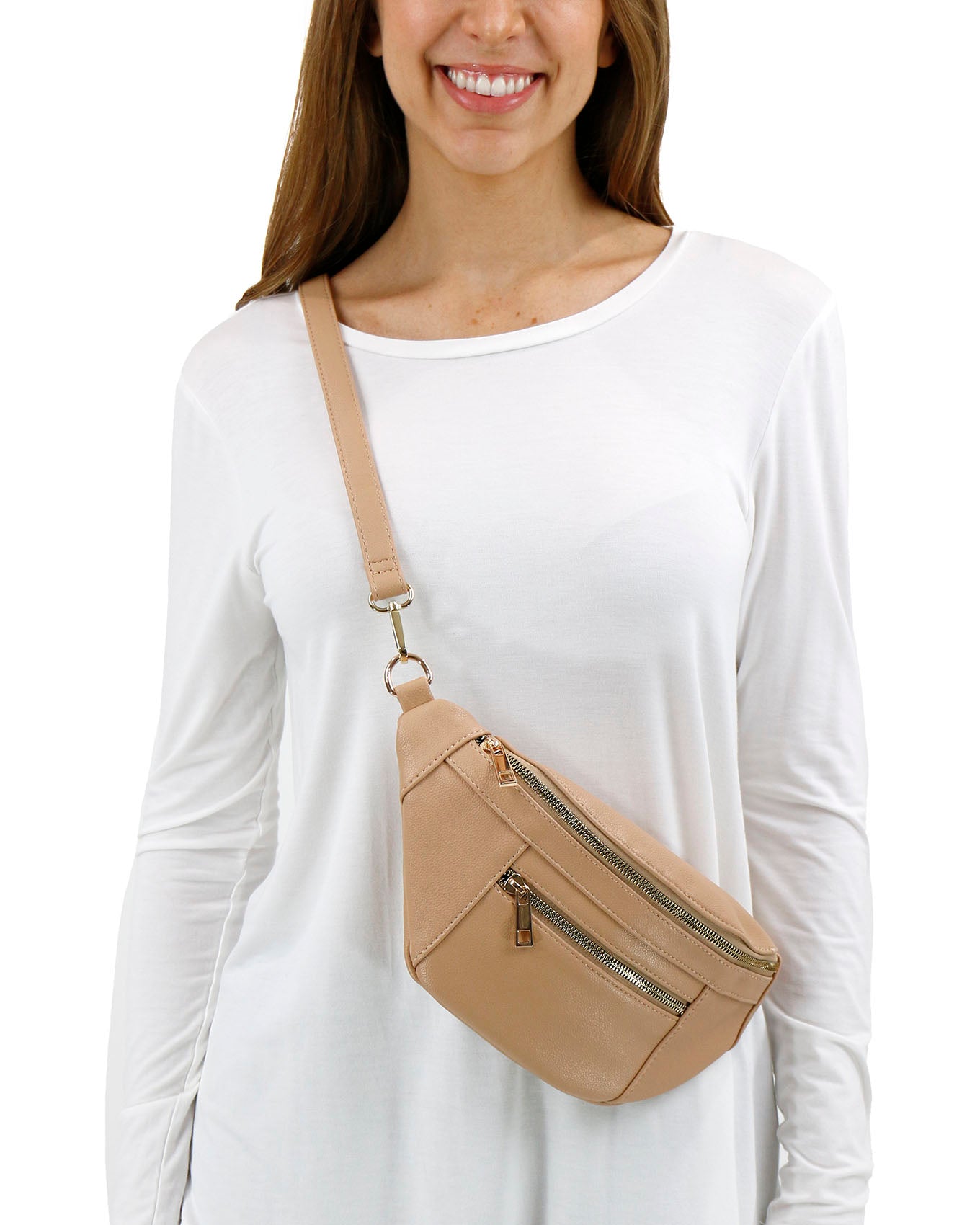 front view stock shot of Sand Faux Leather Belt Bag With Guitar Strap