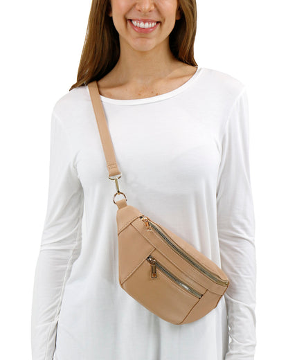 front view stock shot of Sand Faux Leather Belt Bag With Guitar Strap