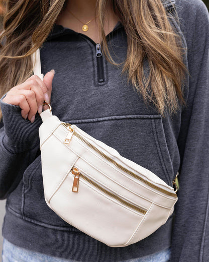 close up view of ivory belt bag