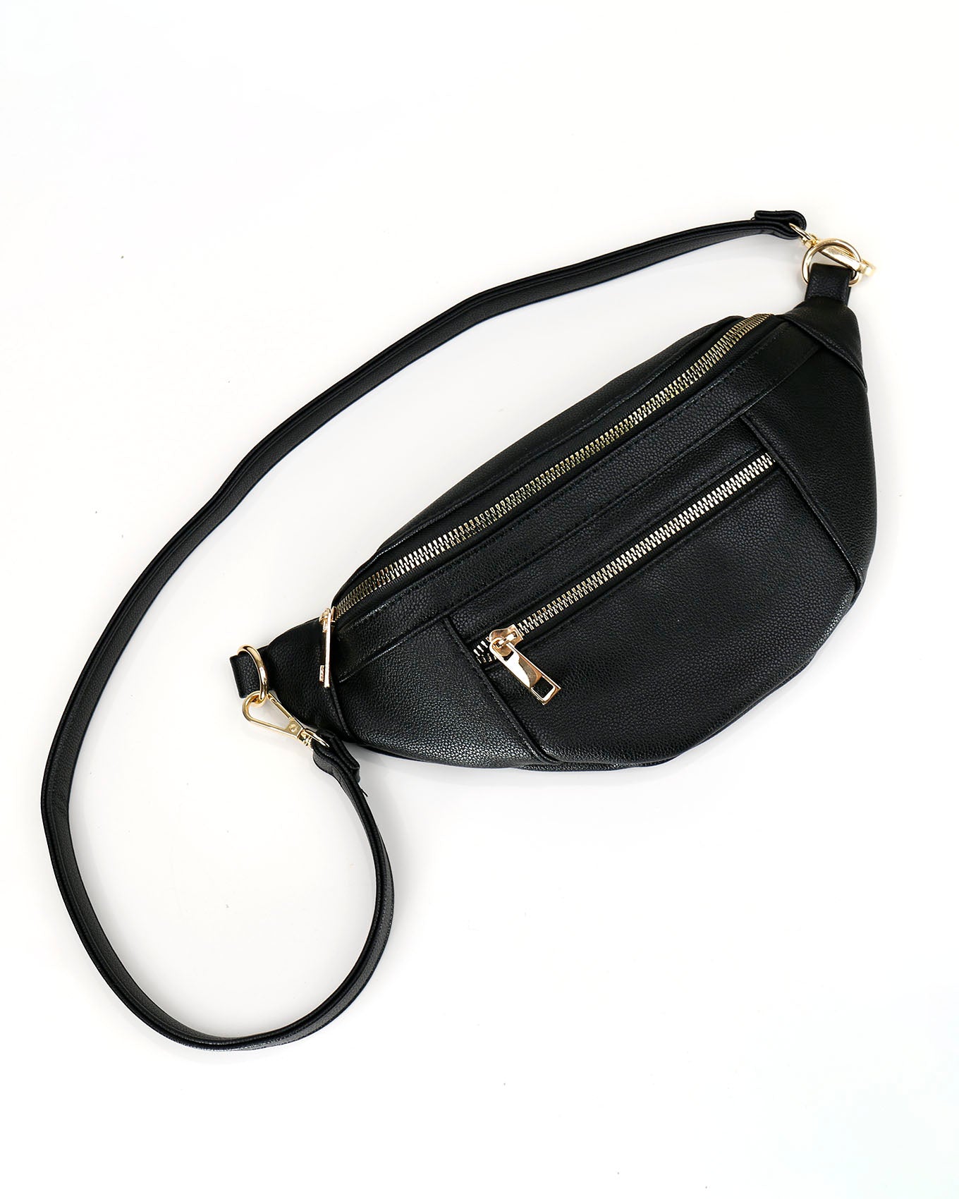 Stock shot of Black Faux Leather Belt Bag with Guitar Strap
