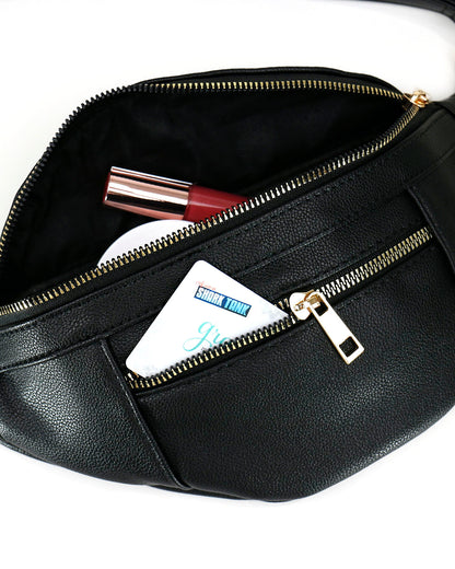 Pocket display of Black Faux Leather Belt Bag with Guitar Strap