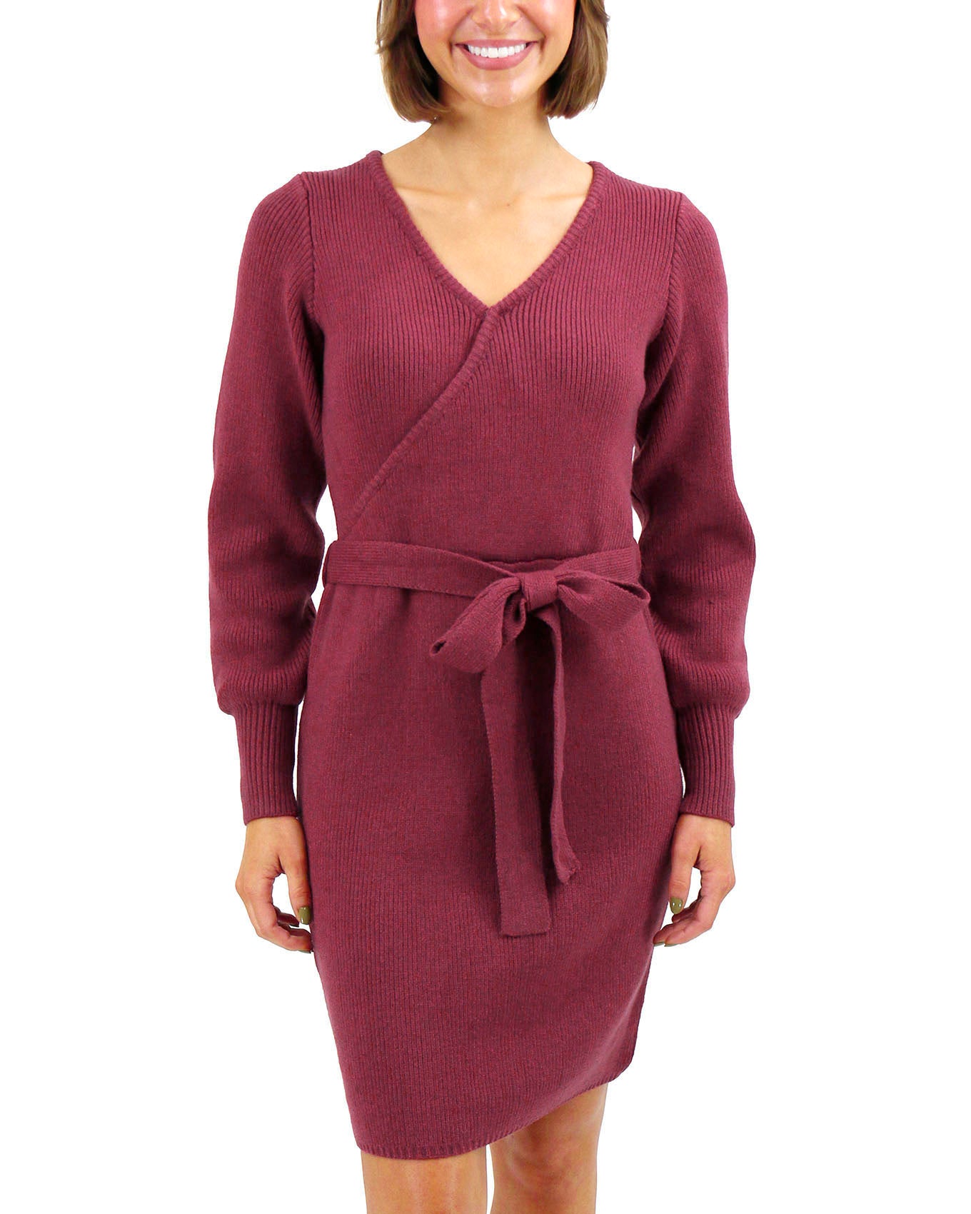 Front view stock shot of Cabernet Faux Wrap Sweater Dress