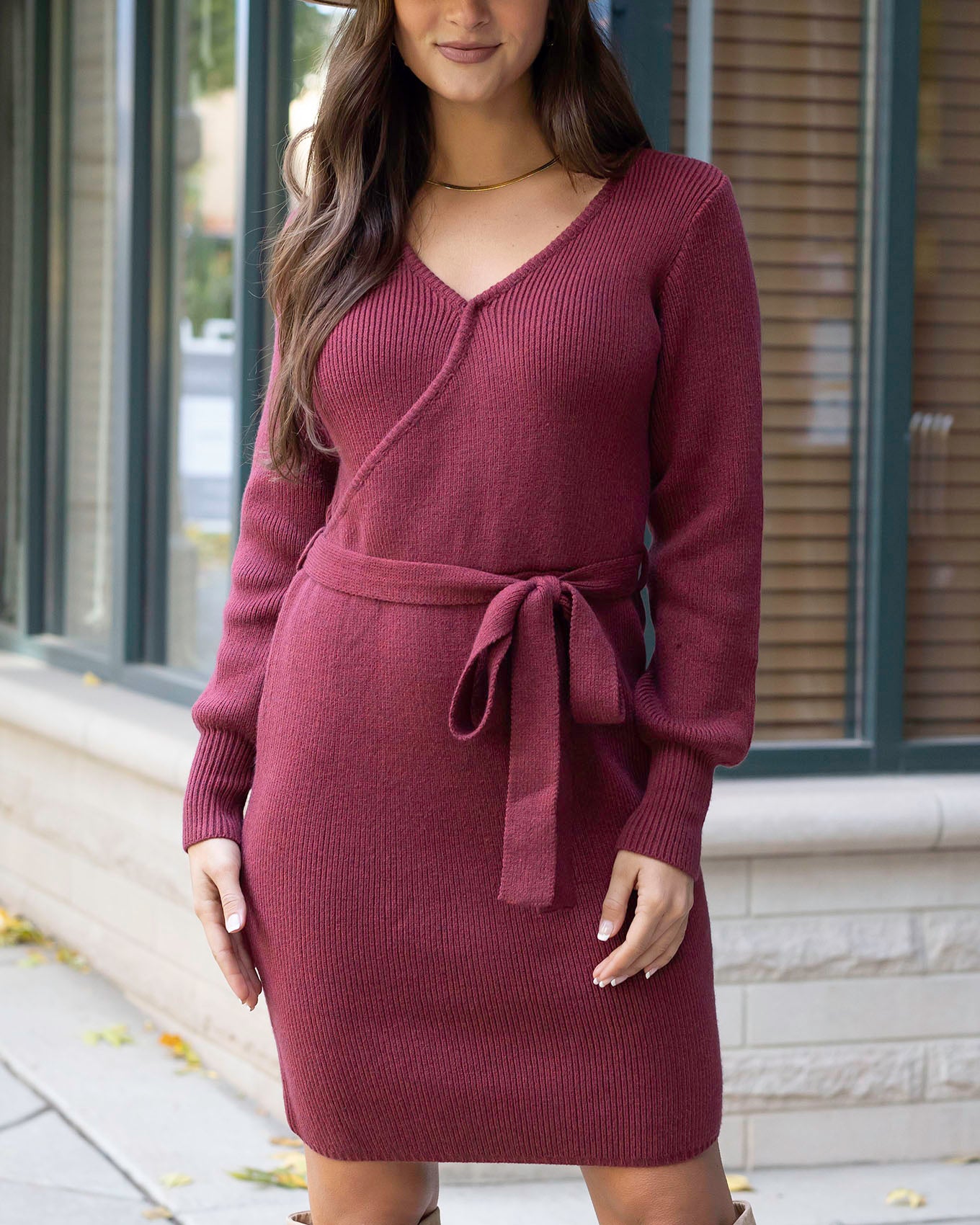 Front view of Cabernet Faux Wrap Sweater Dress