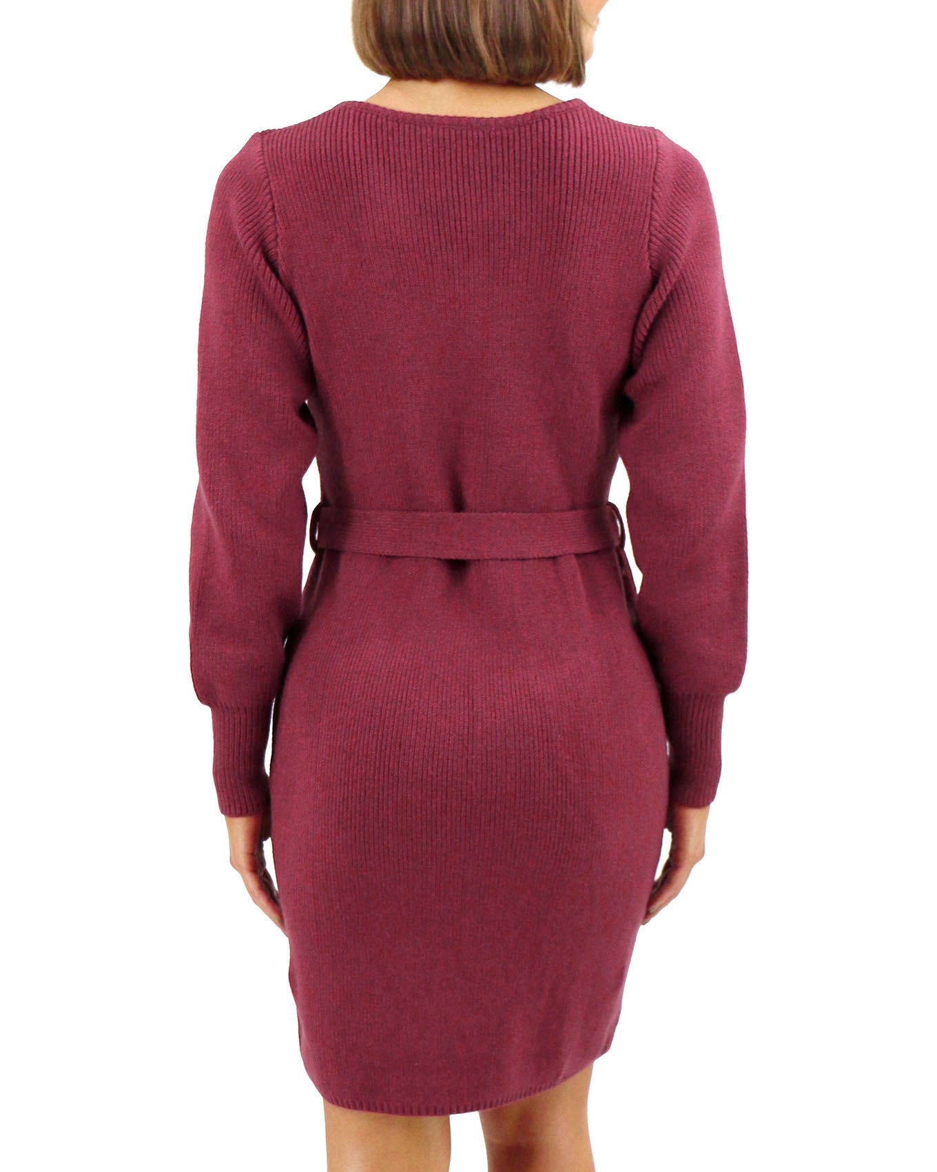 Back view stock shot of Cabernet Faux Wrap Sweater Dress