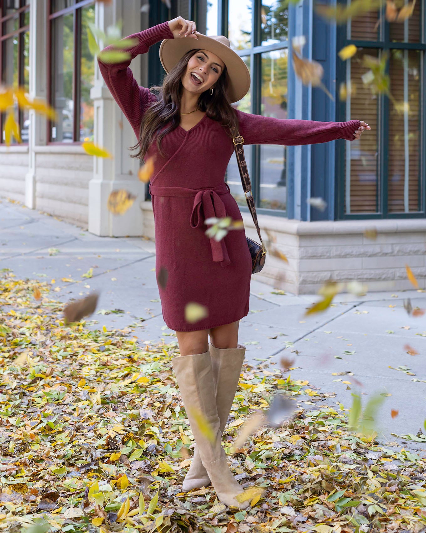 Styled view of Cabernet Faux Wrap Sweater Dress