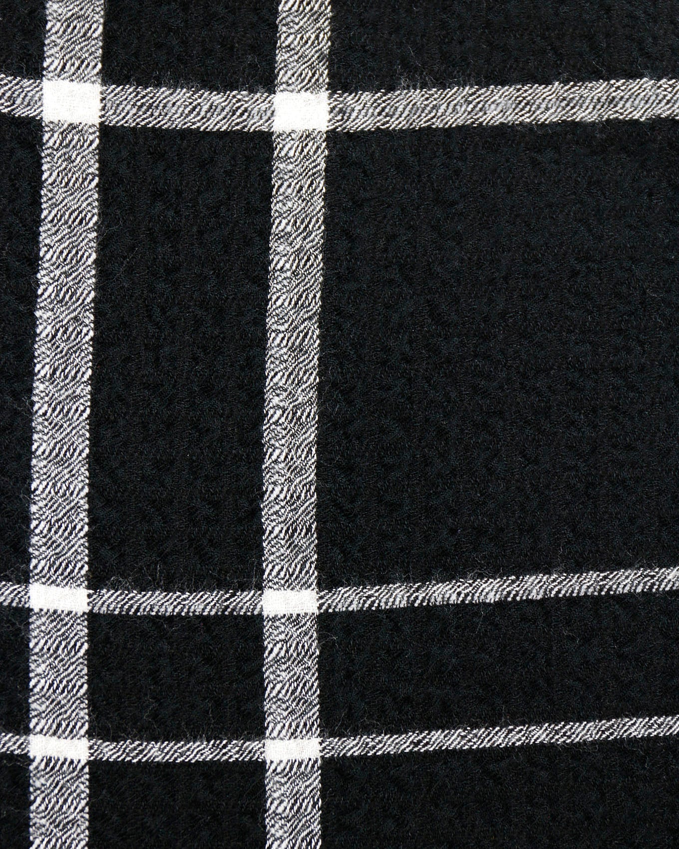 close up view of favorite button up top fabric in black plaid