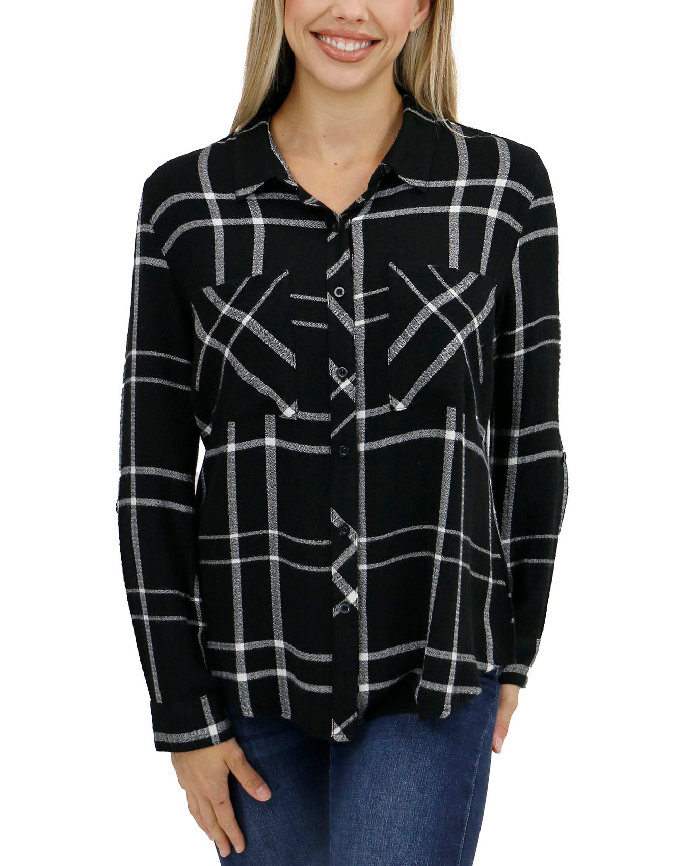 front view stock shot of favorite button up top in black plaid