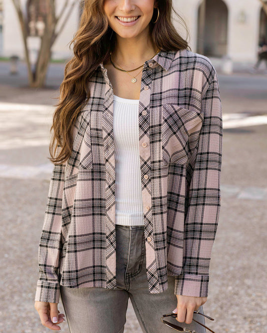 Front view of Blush/Black Plaid Favorite Button Up Top