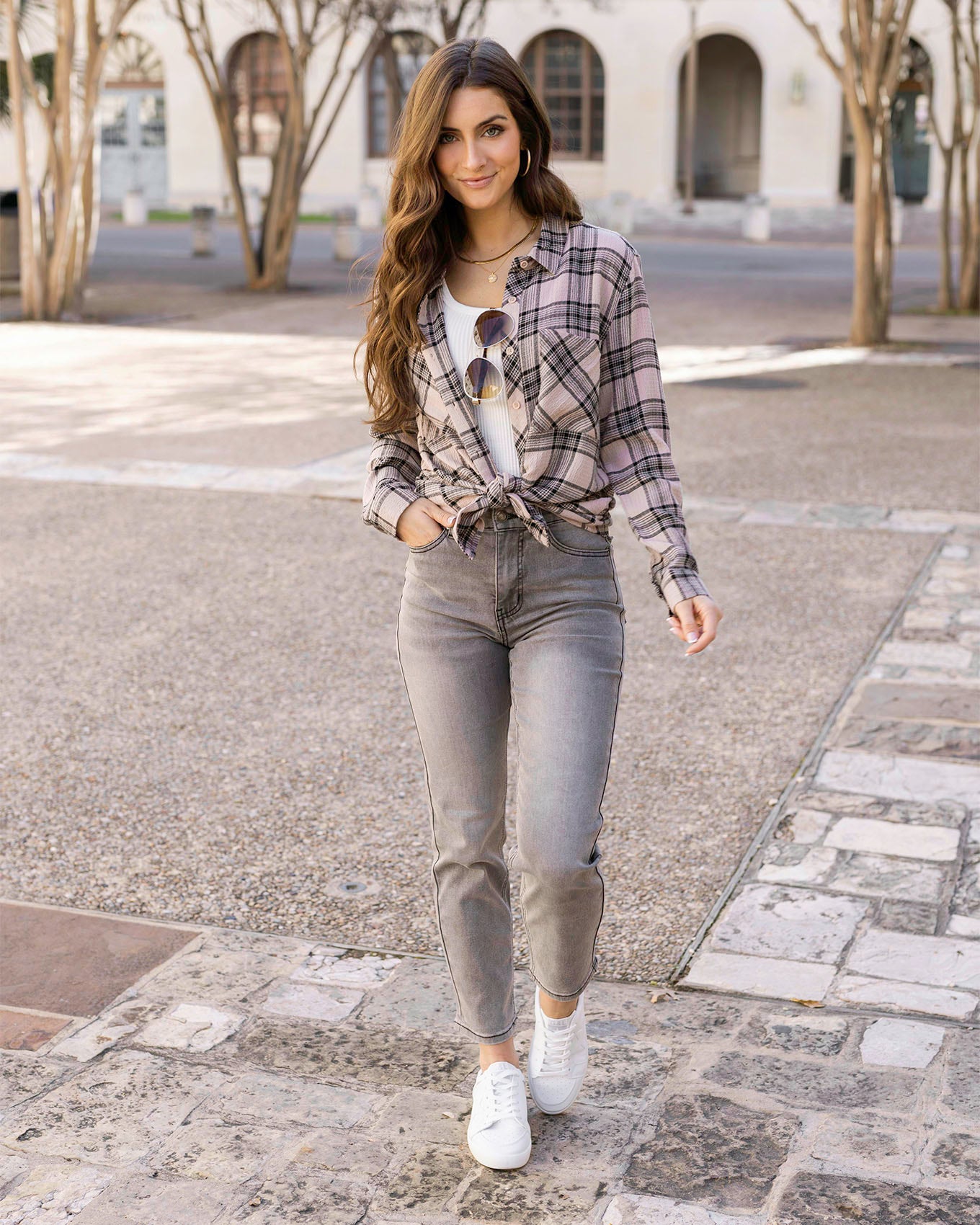 Full styled view of Blush/Black Plaid Favorite Button Up Top