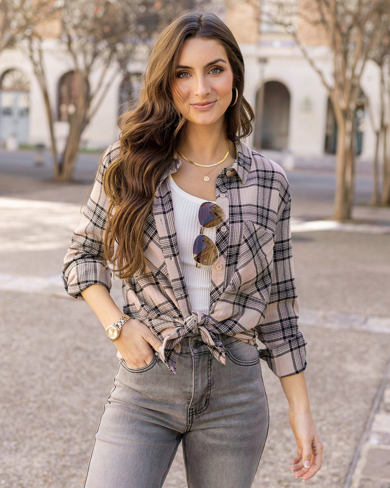 Styled view of Blush/Black Plaid Favorite Button Up Top