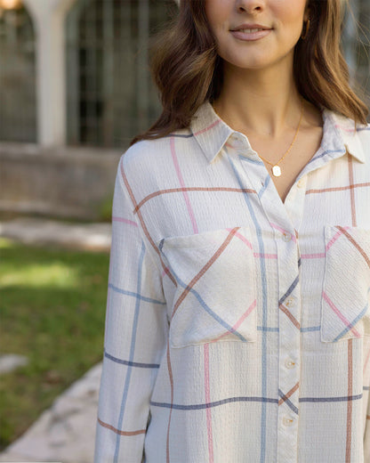 Close up view of Multi Windowpane Favorite Button Up Top