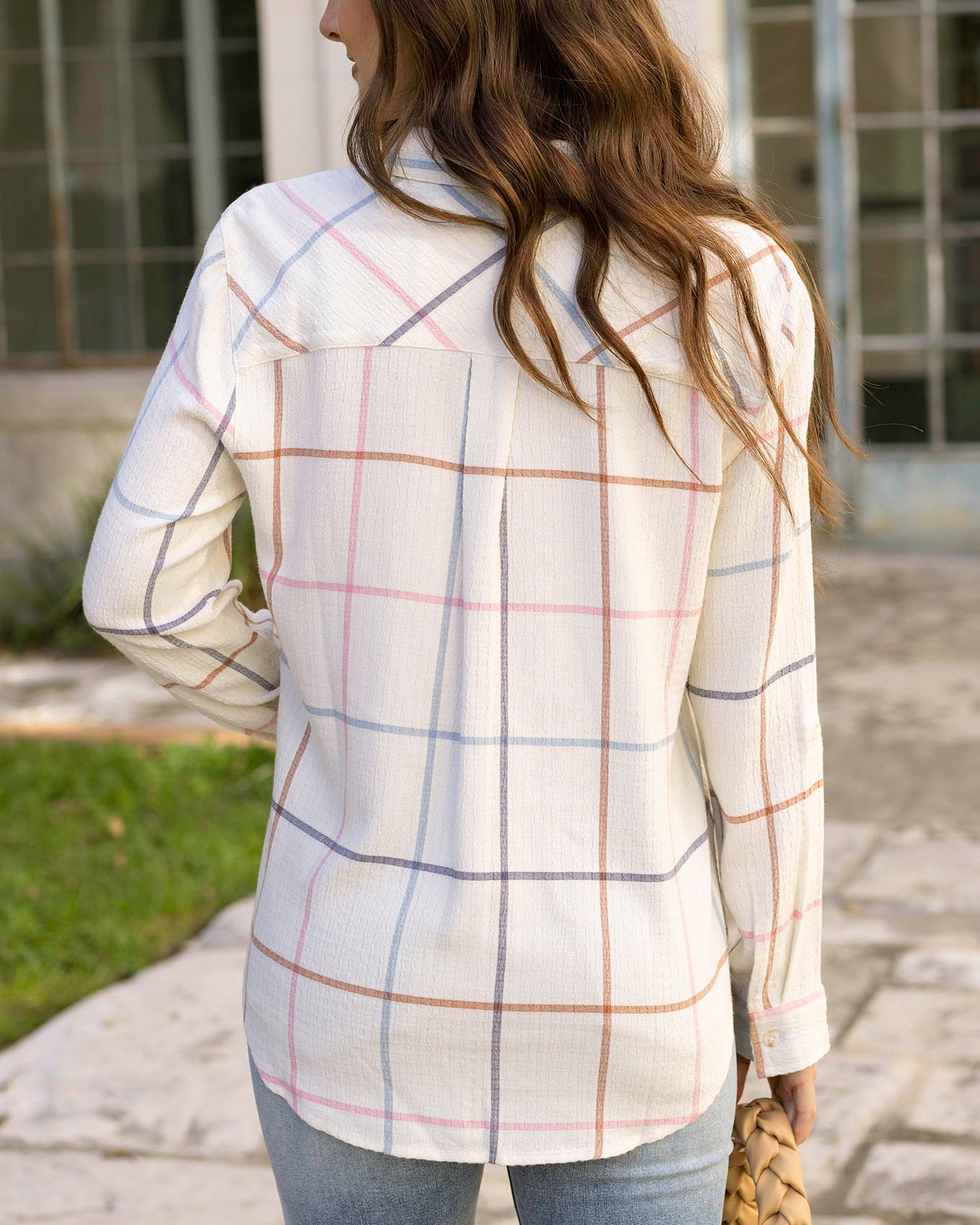 Back view of Multi Windowpane Favorite Button Up Top