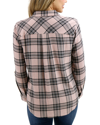 Back stock shot of Blush/Black Plaid Favorite Button Up Top