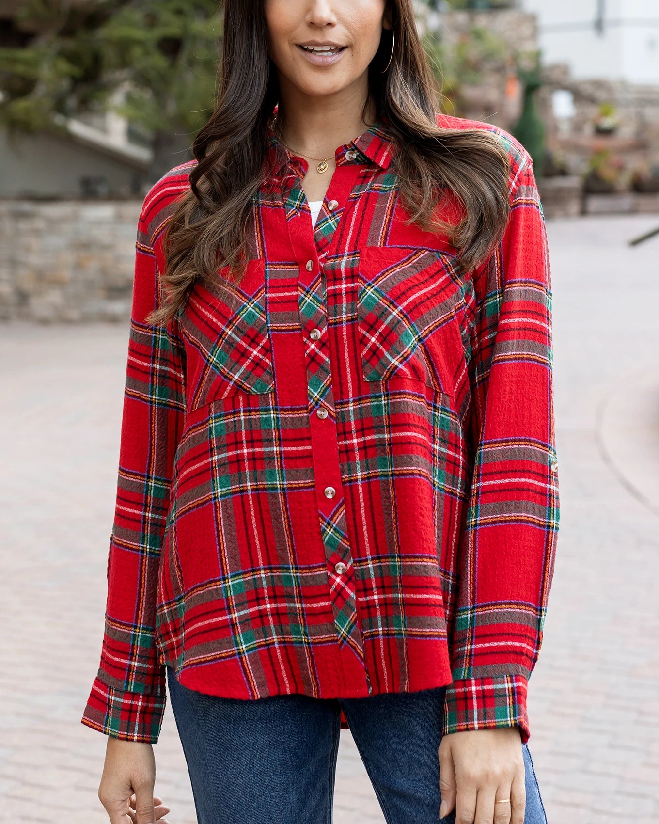 Favorite Christmas Plaid Button Up Top