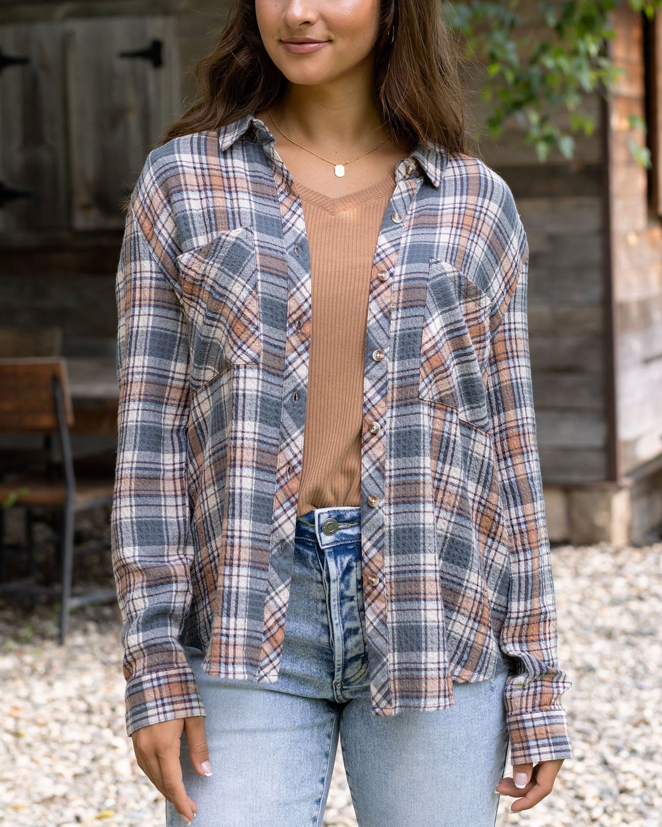front view of favorite button up top in copper sage