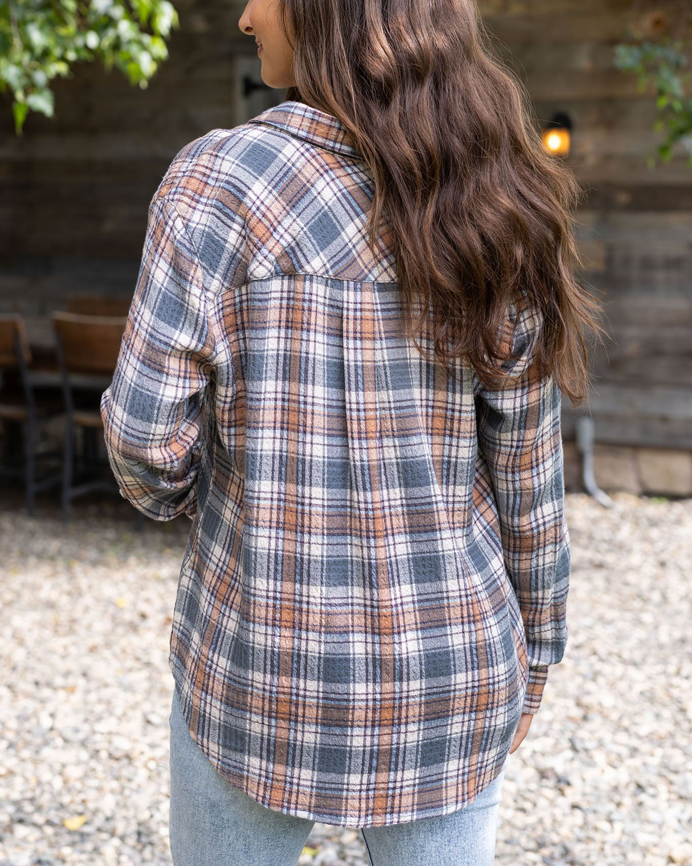 back view of favorite button up top in copper sage