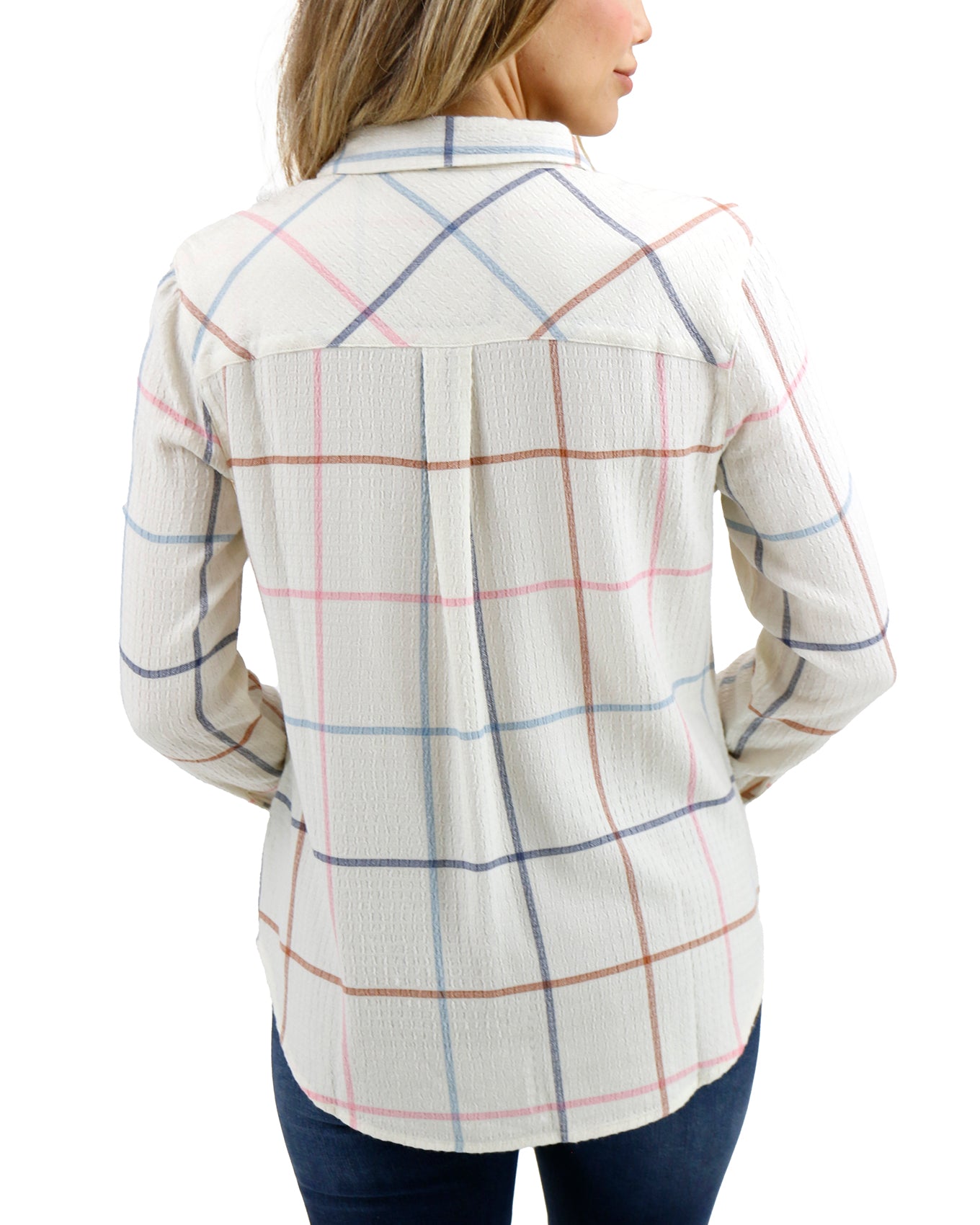 Back stock shot of Multi Windowpane Favorite Button Up Top