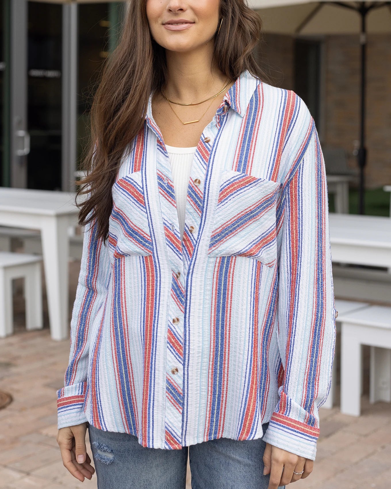Favorite Button Up Top in Red/Blue Striped - Red/Blue Striped / S ...