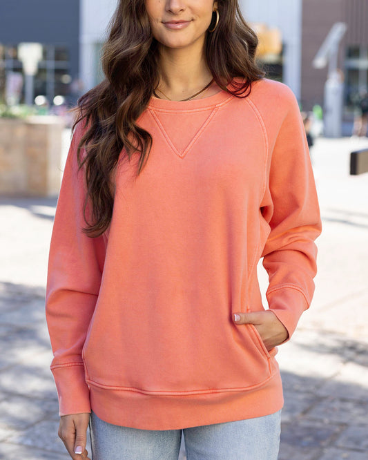 Front view of Bright Peach Favorite Washed Pocket Sweatshirt