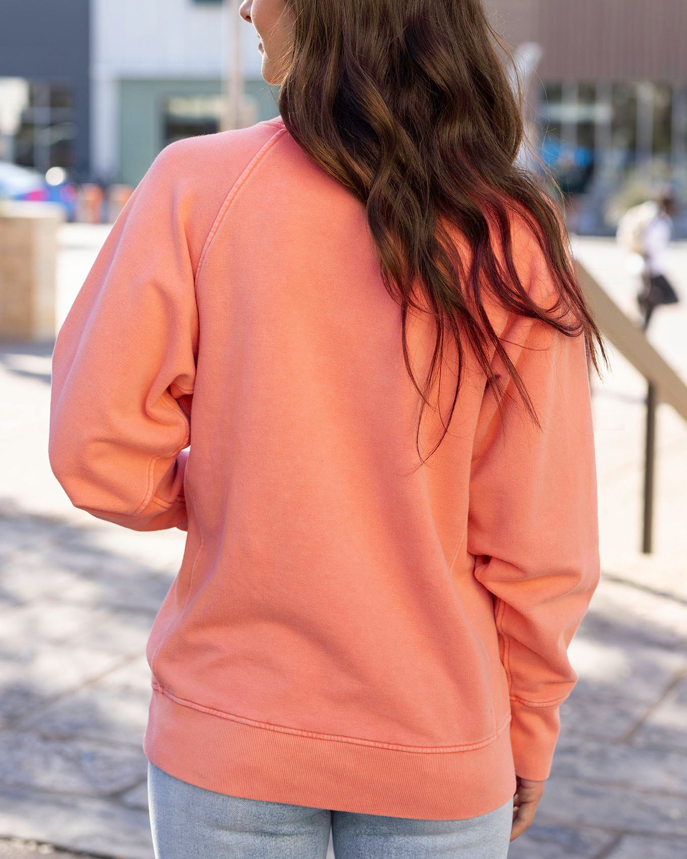 Back view of Bright Peach Favorite Washed Pocket Sweatshirt