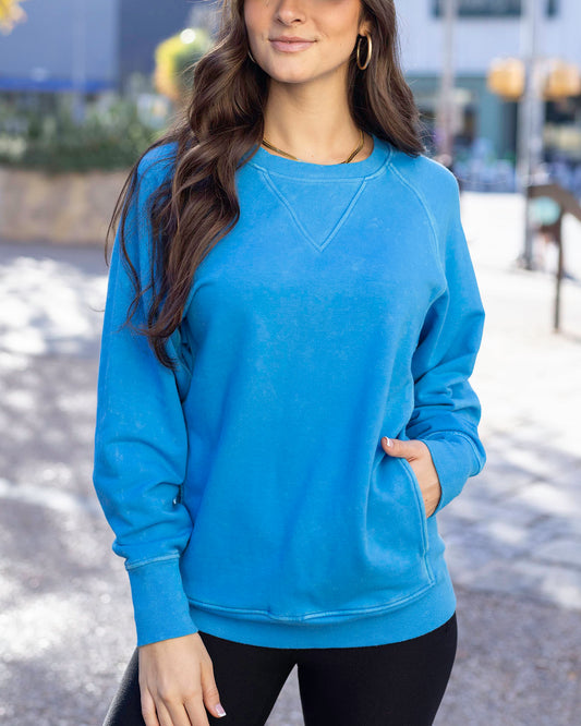 Front view of Vibrant Blue Favorite Washed Pocket Sweatshirt