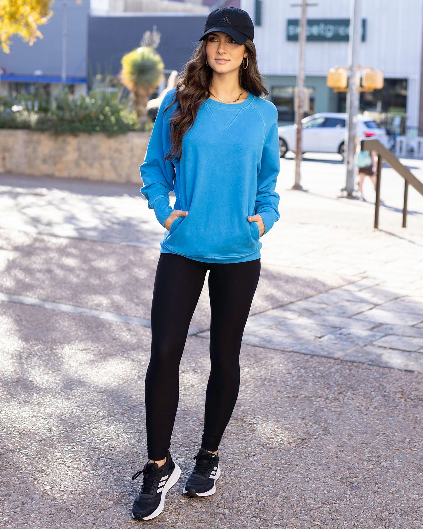 Full styled view of Vibrant Blue Favorite Washed Pocket Sweatshirt