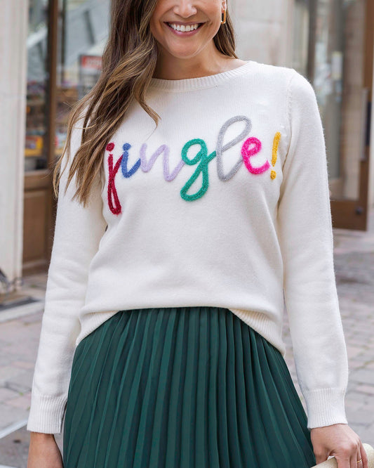 Front view of Tinsel Jingle Ivory Holiday Sweater