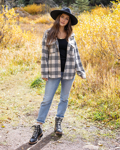 styled view of flannel plaid shacket