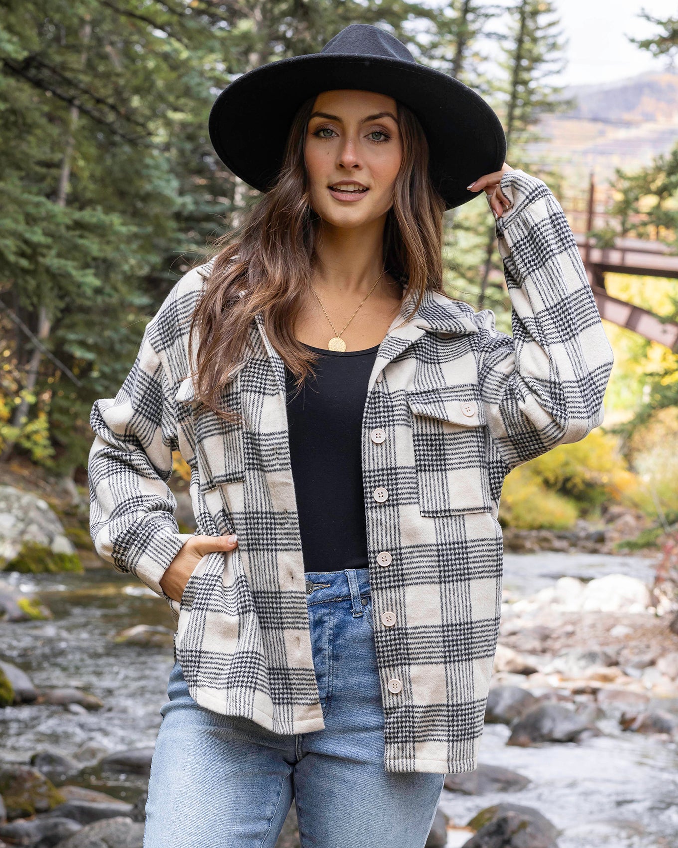 Flannel Ivory/Black Plaid Shacket - Grace and Lace