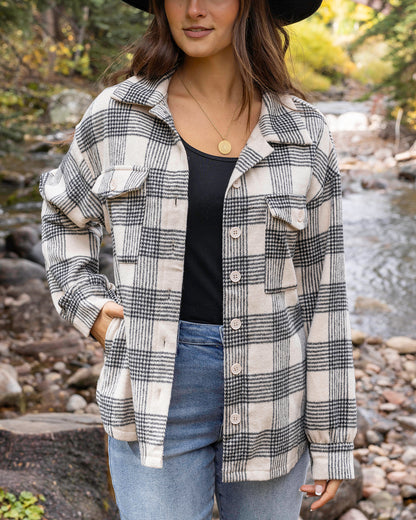 front view of flannel plaid shacket