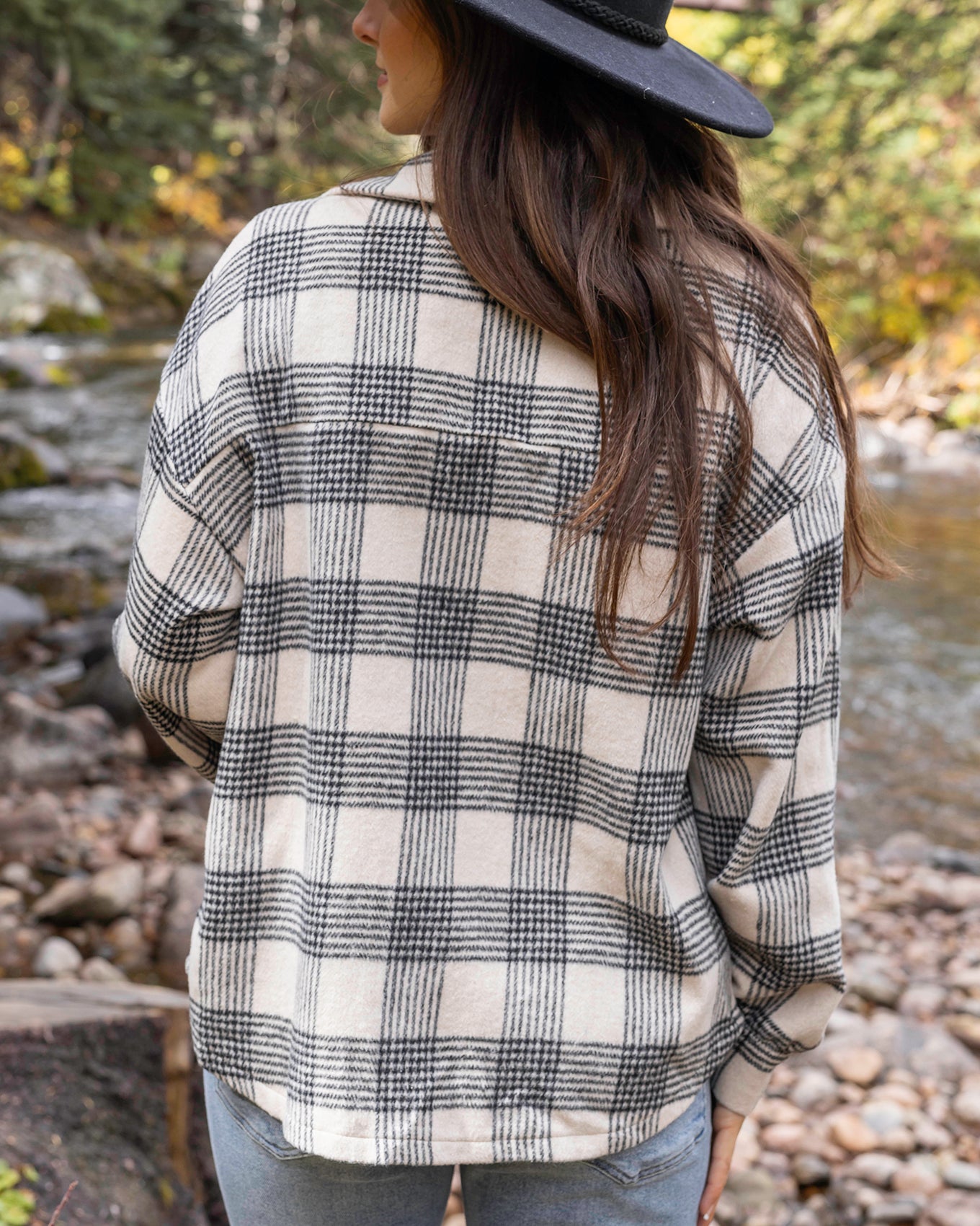 back view of flannel plaid shacket