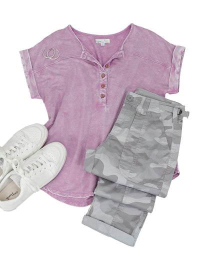 Outfit with Washed Violet Henley Mineral Washed Tee