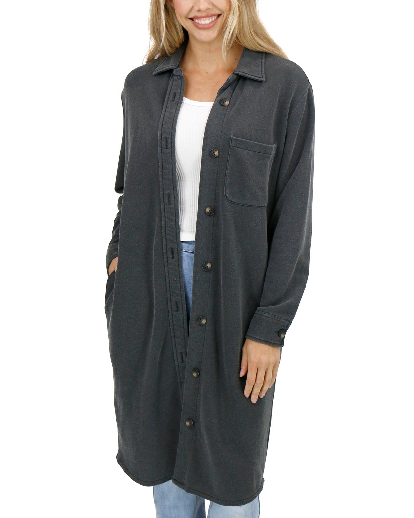 front view stock shot of dark grey duster jacket