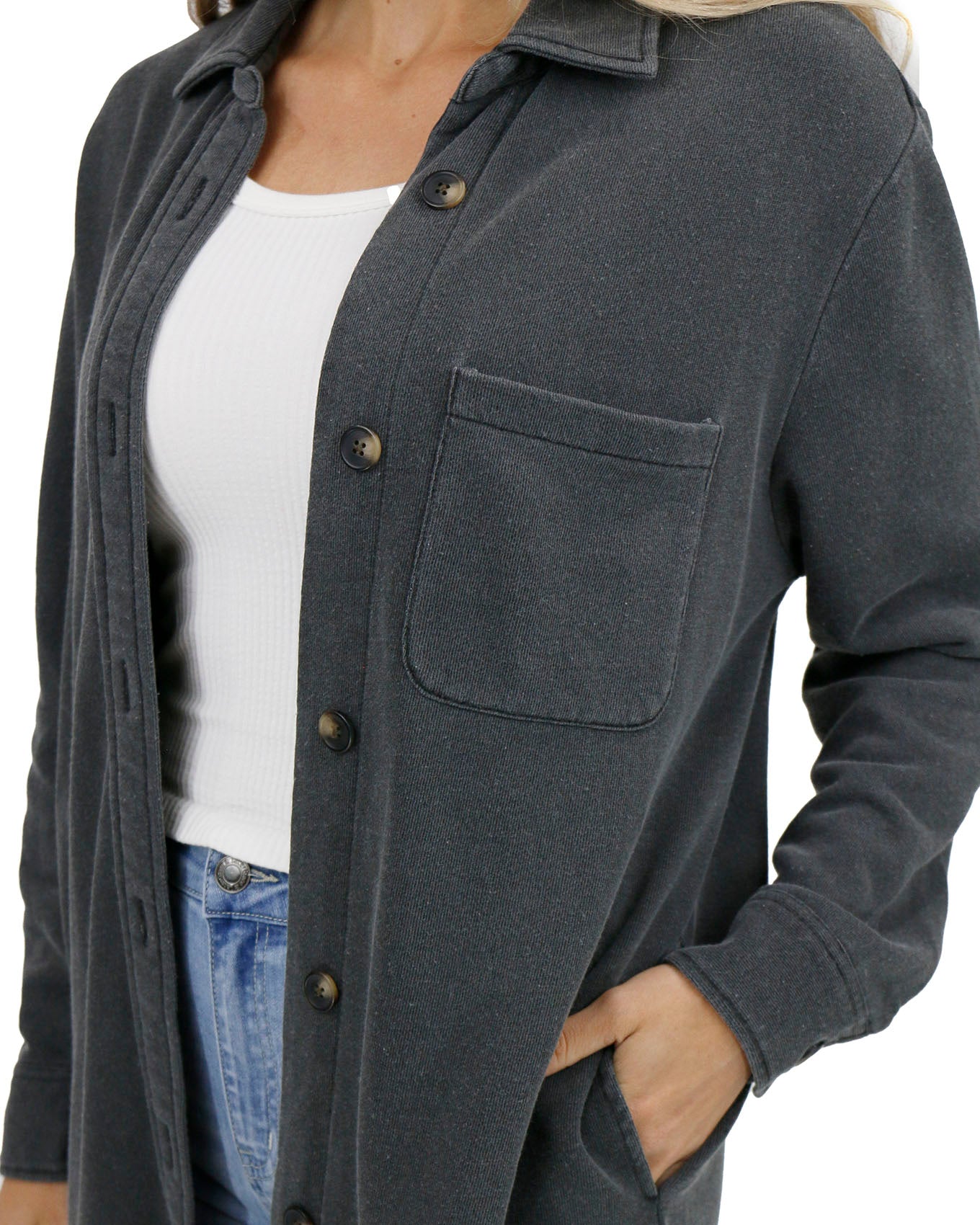 detail view stock shot of dark grey duster jacket