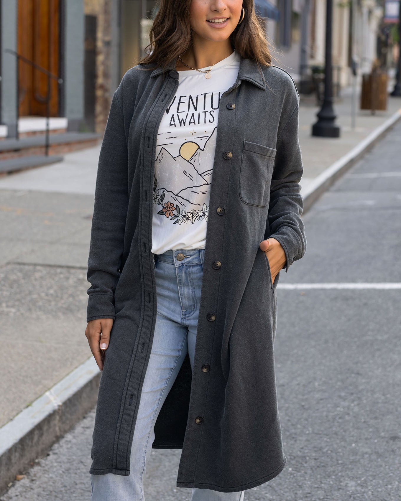 front view of dark grey duster jacket