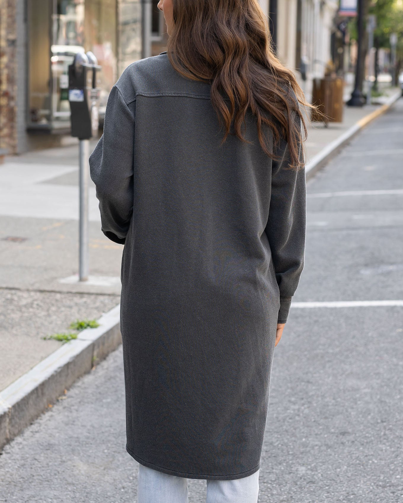 back view of dark grey duster jacket