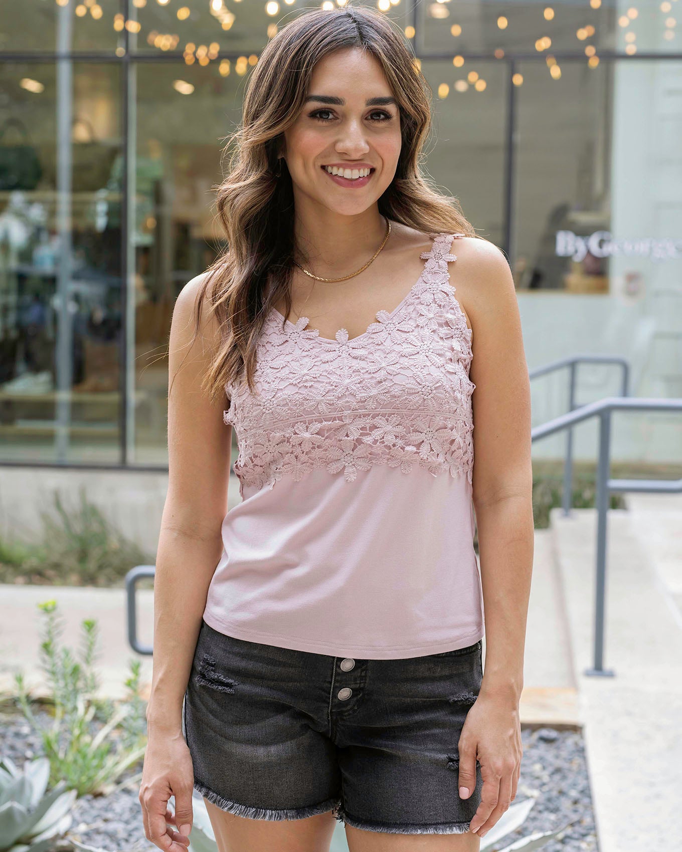 Full body view of Dusty Pink Floral Lace Tank Top