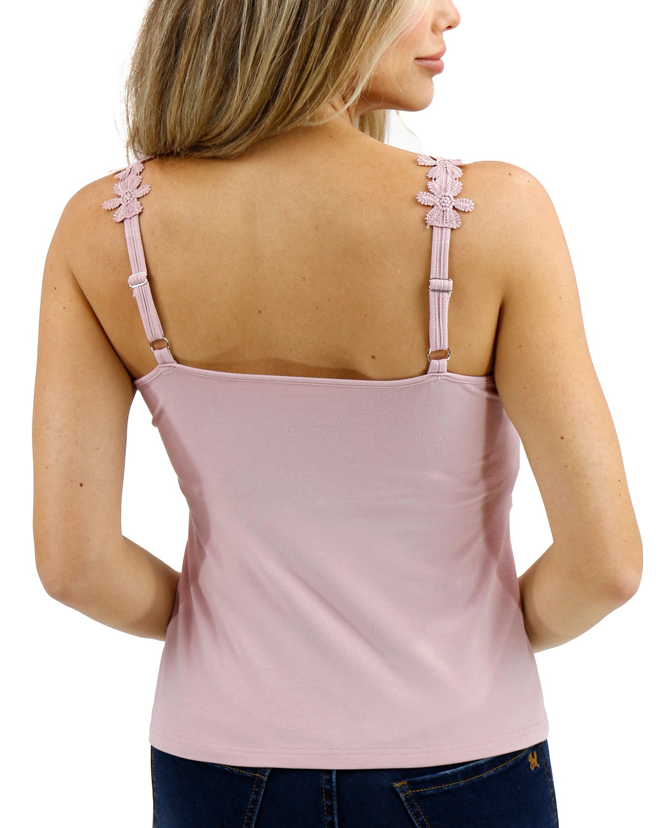 Back stock shot of Dusty Pink Floral Lace Tank Top