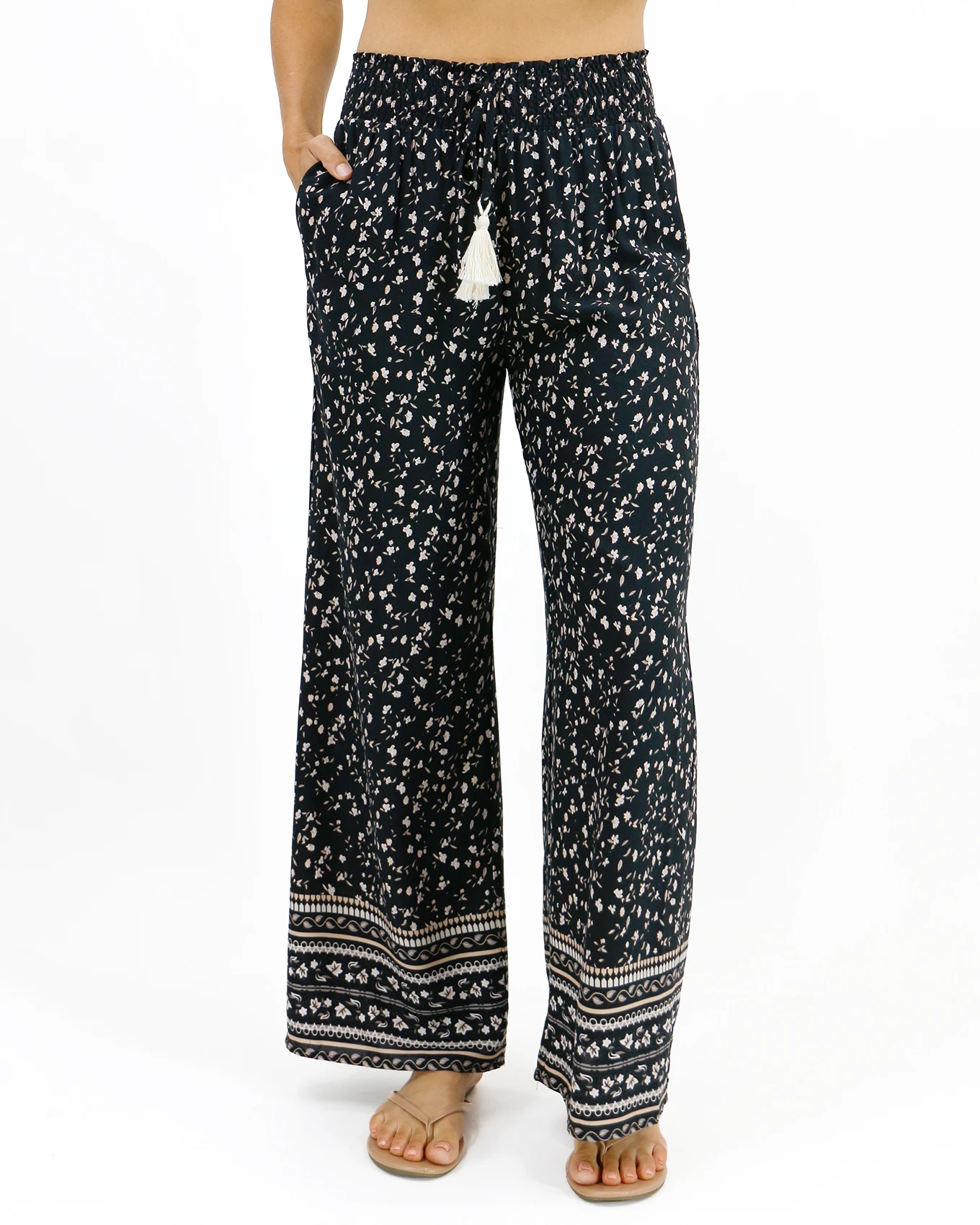 Floral Print Black Wide Leg Pants